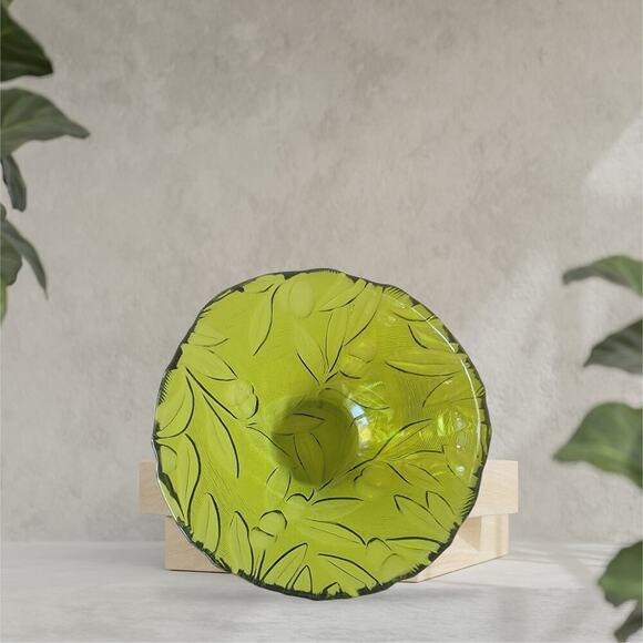 Vintage MCM Green Floral/Plant Drepression Glass Bowl Mid Centruy Modern Decor - Picture 2 of 10